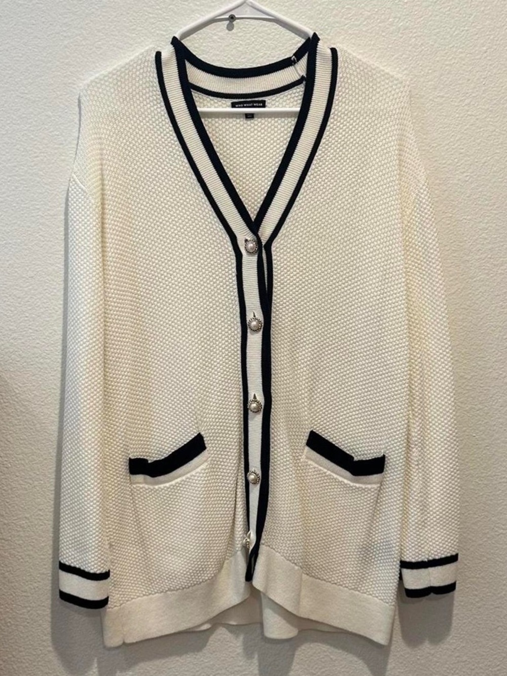 Who what wear White Knit Cardigan with Black/blue Trim — Womens Sweater